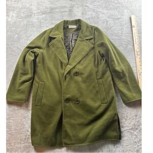 Vintage Korean Olive Wool Peacoat XL Double Breasted Lined Long Coat Winter Warm